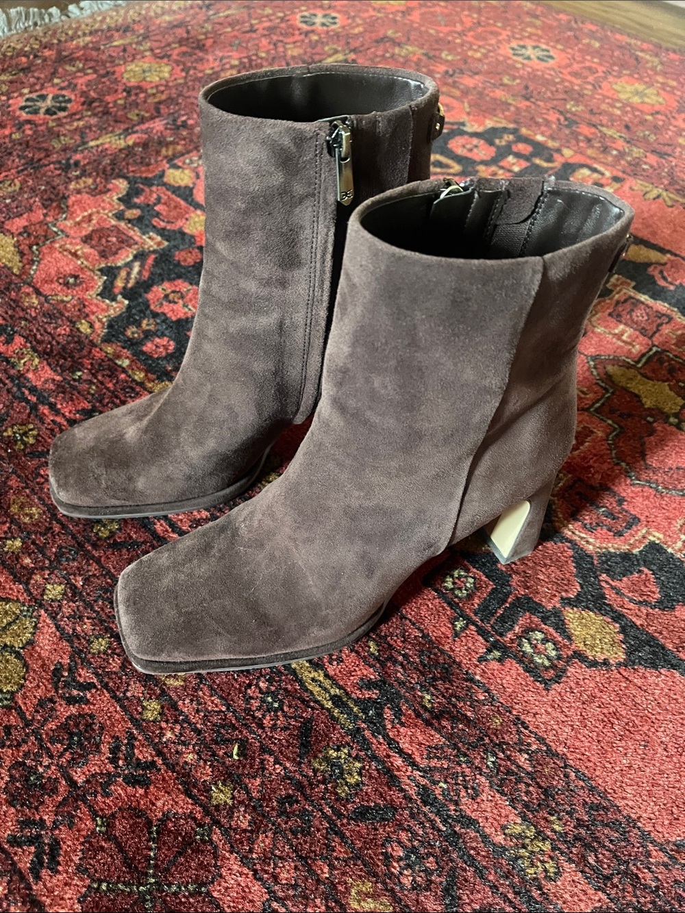 Sam Edelman Dark Brown Suede Square-Toe Ankle Boots with Sculpted Heel
